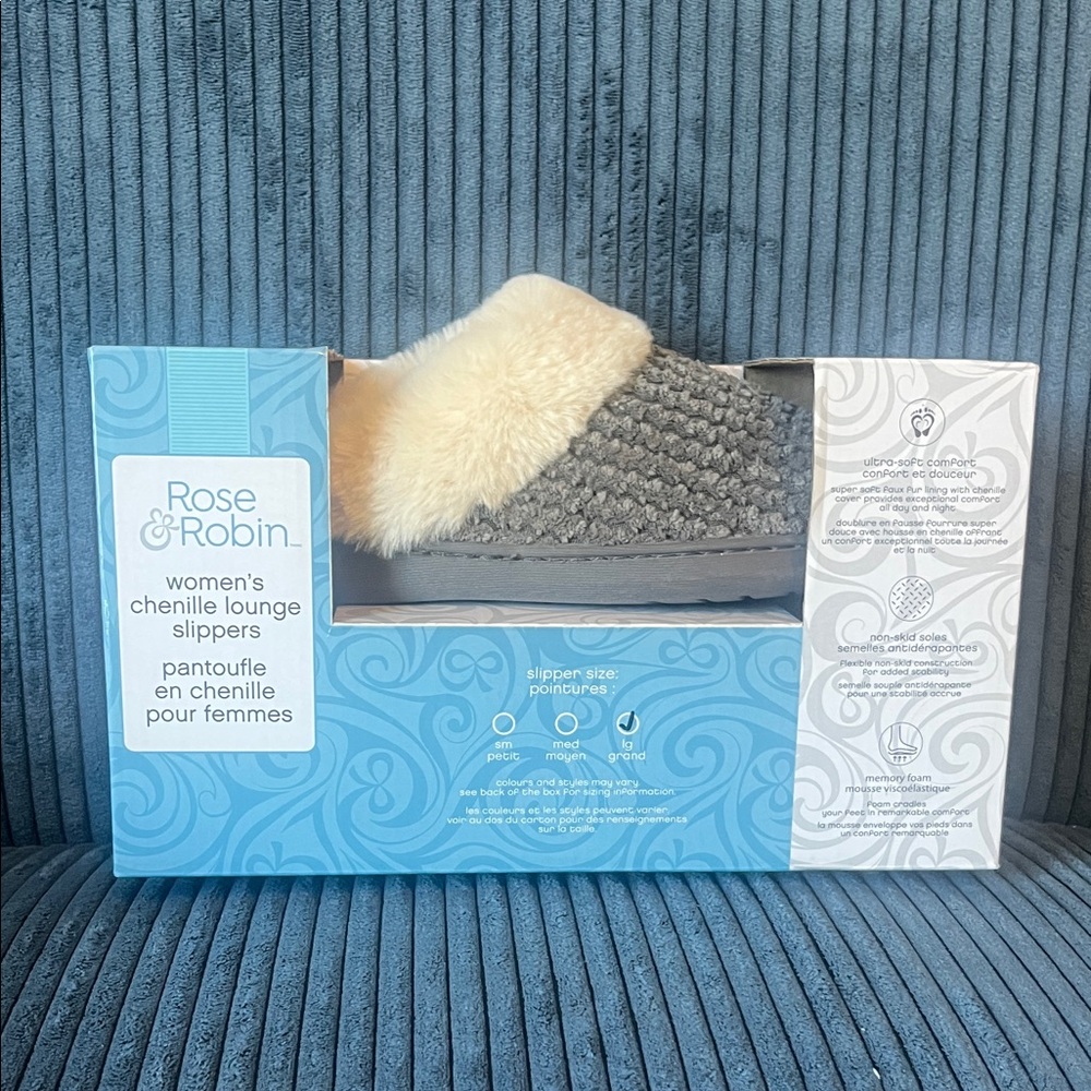 Rose & Robin Gray and Cream Chenille Slippers